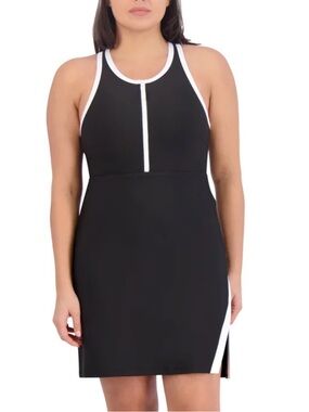 SAGE Black Tank Zip-Front athletic Dress built in shorts White Trim size large